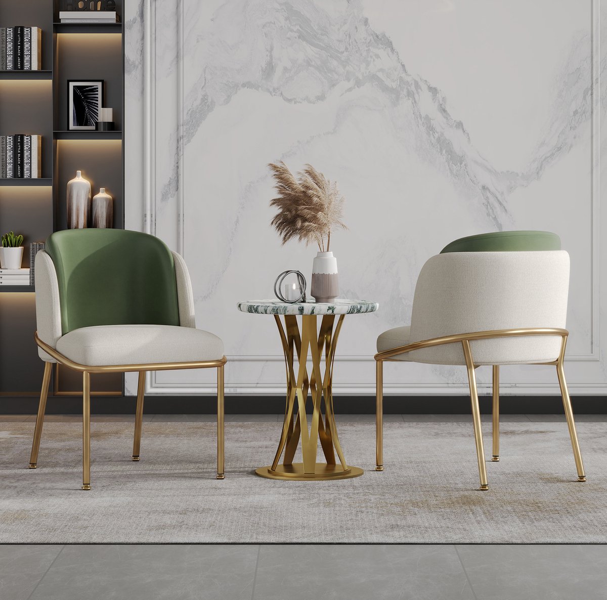 Wishdor - Eetkamerstoel - Set van 2 met armleuningen en verstelbare voeten - Scandinavisch - Voor eetkamer en open werkruimte - Hout en metaal - Groen goud beige
