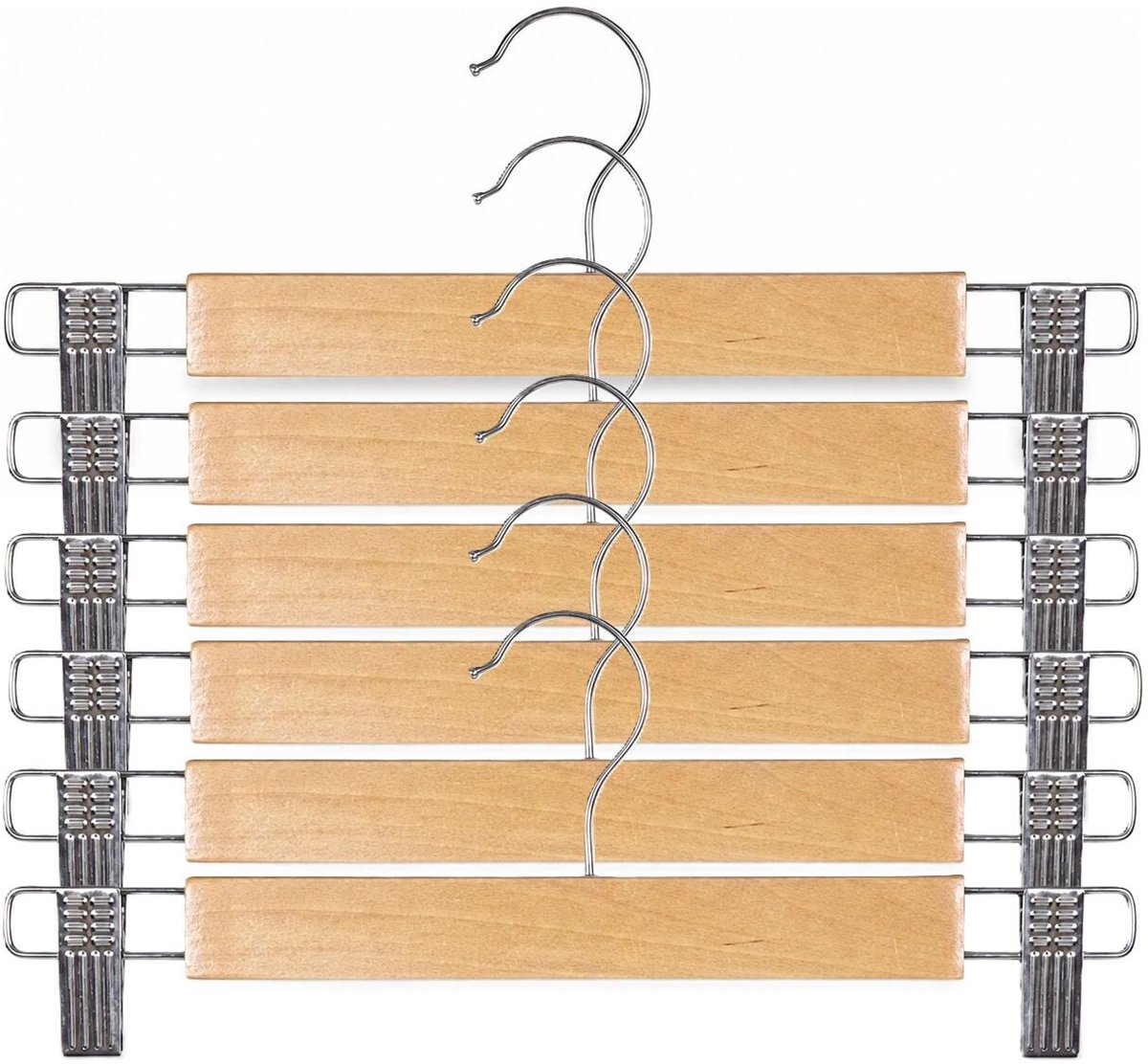 CM Broeken / rokken kledinghangers - 12x stuks - naturel hout - 33 cm - met klemmen - Kledingkast hangers - kleerhangers - broekhangers