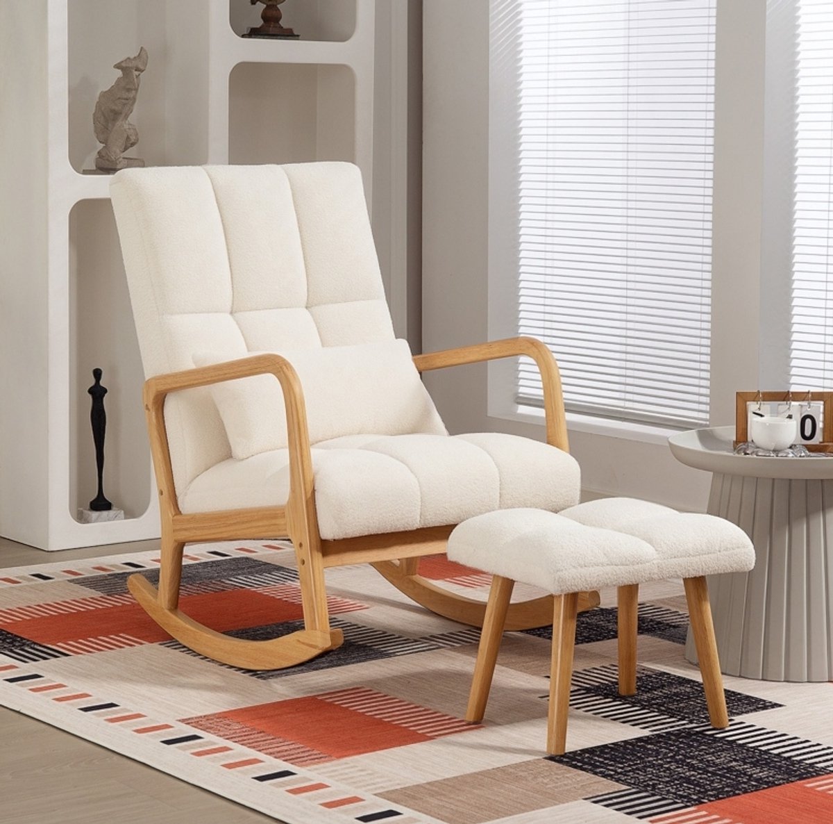 FloraGrace Schommelstoel Met Hocker 64,5 x 82 x 99 cm - Ergonomisch Met Hoge Rugleuning, Armleuningen En Zachte Fleece Bekleding - Hout - Wit