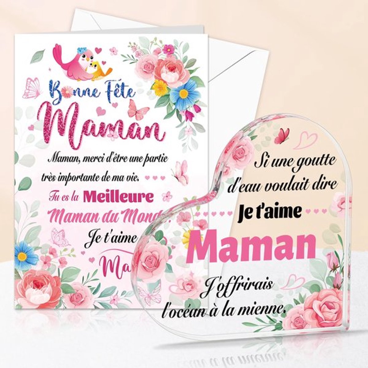 Cadeau voor Maman, Plaque Acrylique Je t'aime Maman, Kaart met envelop voor de Verjaardag Kerst Maman Decoratieobjecten Kaart Goede Feest Maman