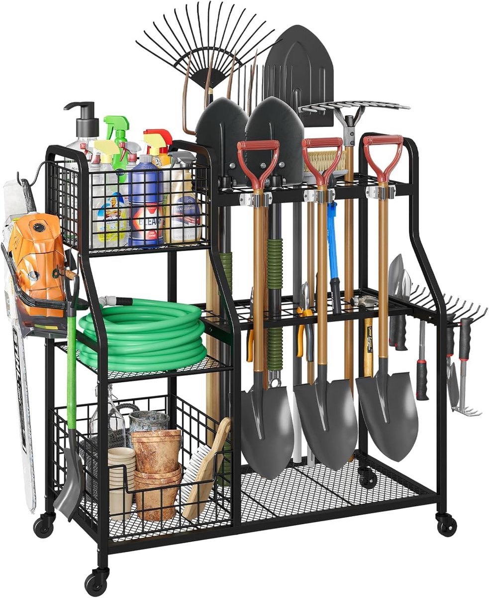 Mobiel Tuingereedschap Rek op Wielen - XL Garage Organizer met Mand en Haken - Gereedschapshouder voor Lange Stelen - Metaal - Zwart - 91 x 42 x 94 cm