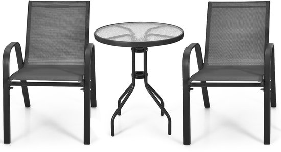 Een grijze bistroset met een ronde tafel en twee stoelen met een mesh zitting.