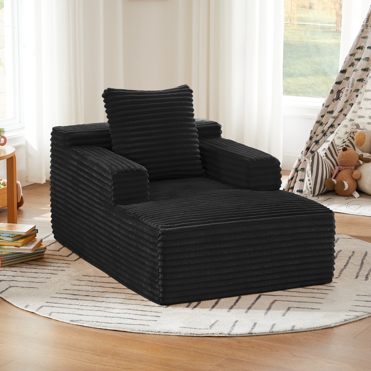 MIVRAY Chaise Longue 117 x 81 x 50 cm - Relaxfauteuil En Slaapsofa Zonder Montage - Voor Woonkamer En Kantoor - Ribstof Zwart