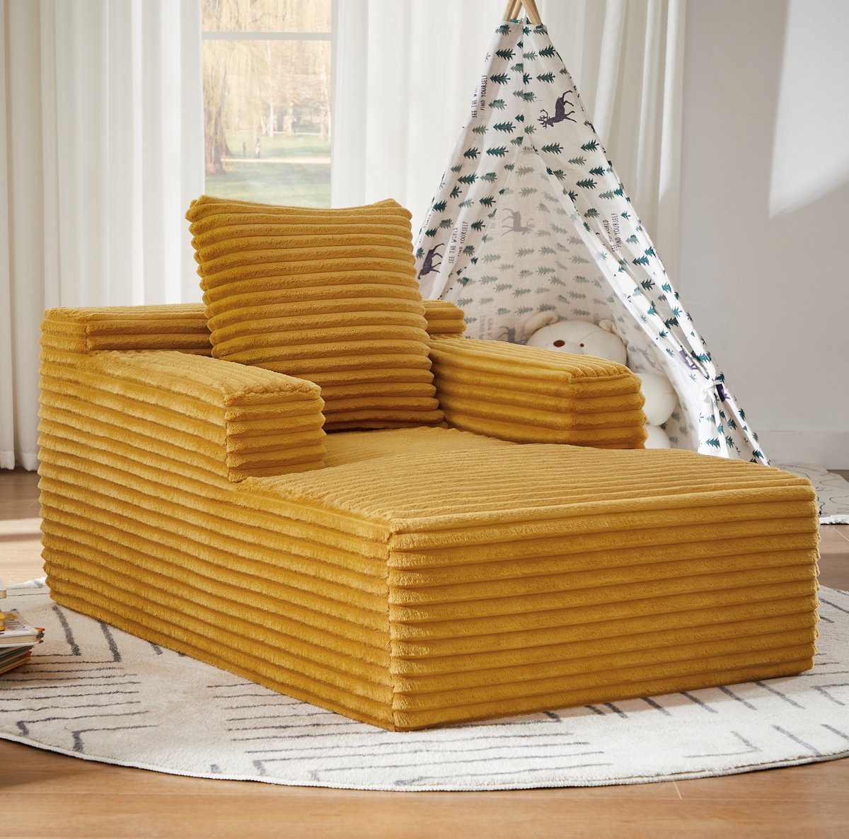 MIVRAY Chaise Longue 117 x 81 x 50 cm - Zonder Montage, Comfortabele Relaxstoel En Slaapbank - Voor Woonkamer En Kantoor - Ribstof Geel