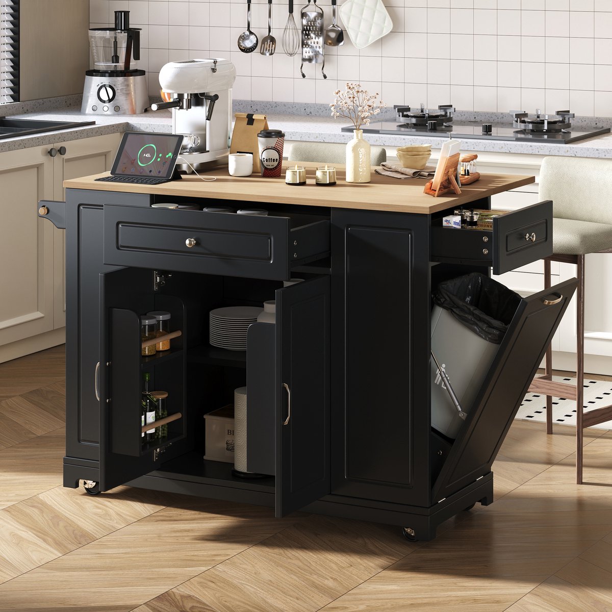 Intebiki - keukenkast - draagbaar - dressoir op wielen - Beschikt over multifunctionele lades en een afvalbakcompartiment - verrijdbaar keukeneiland - geschikt voor keukens en eetkamers - zwart