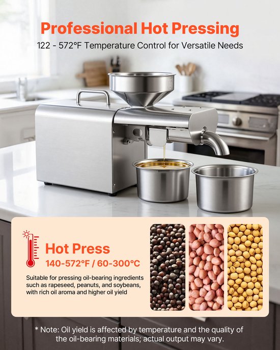 VEVOR Elektrische Oliepers 3,75 Kg/U, Oliemolen 750 W, Automatische Oliepersmachine met Warmpersen (50 °C-300 °C) en Reinigingsborstel, Oliemachine voor Pinda's, Sesam, Sojabonen en Amandelen, Roestvrij Staal van Vevor — afbeelding 5