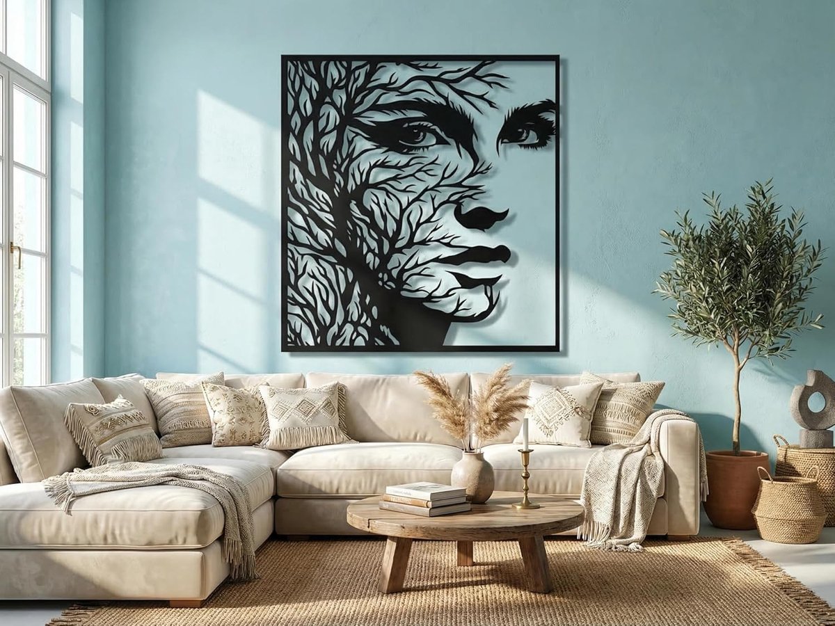 VAILLA 3D Houten Wanddecoratie Vrouwengezicht met Takken - 35x37 cm - Zwart