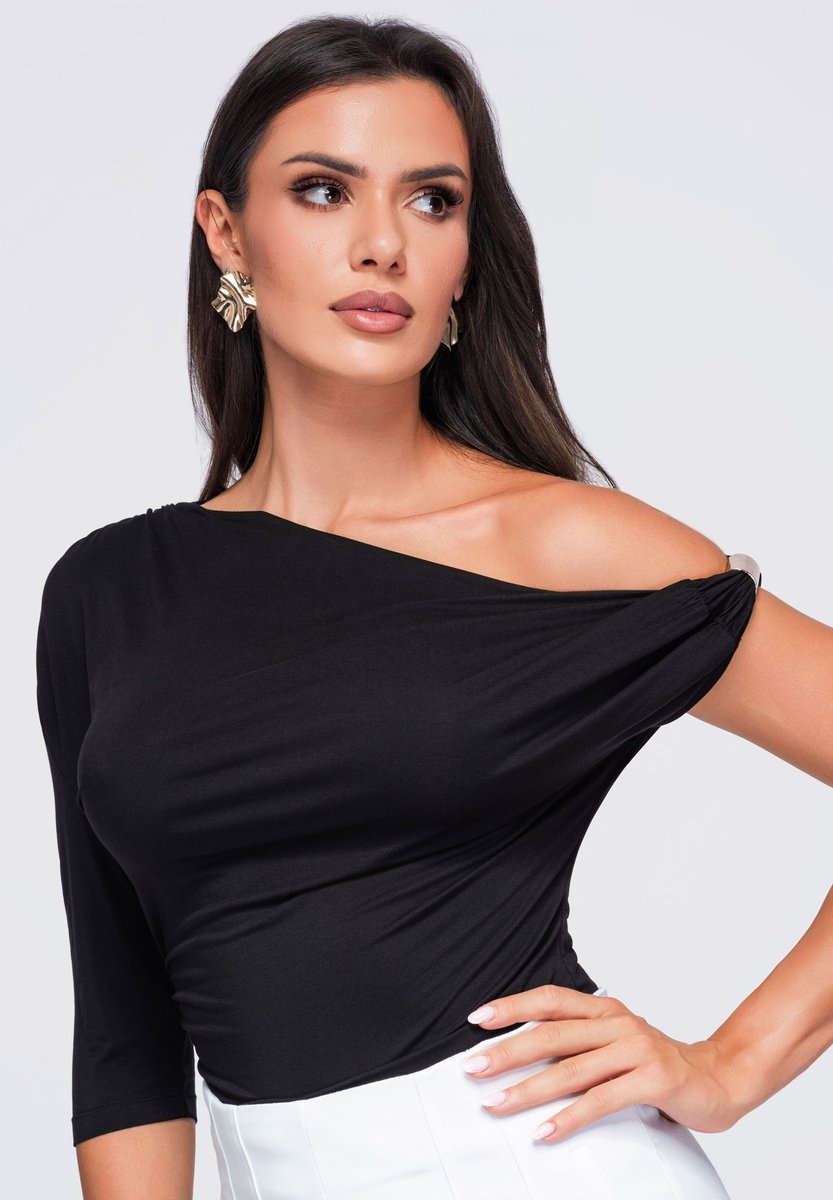 OMBRE Blouse - Slim Fit - Driekwart Mouw - Knopen Zwart S/M
