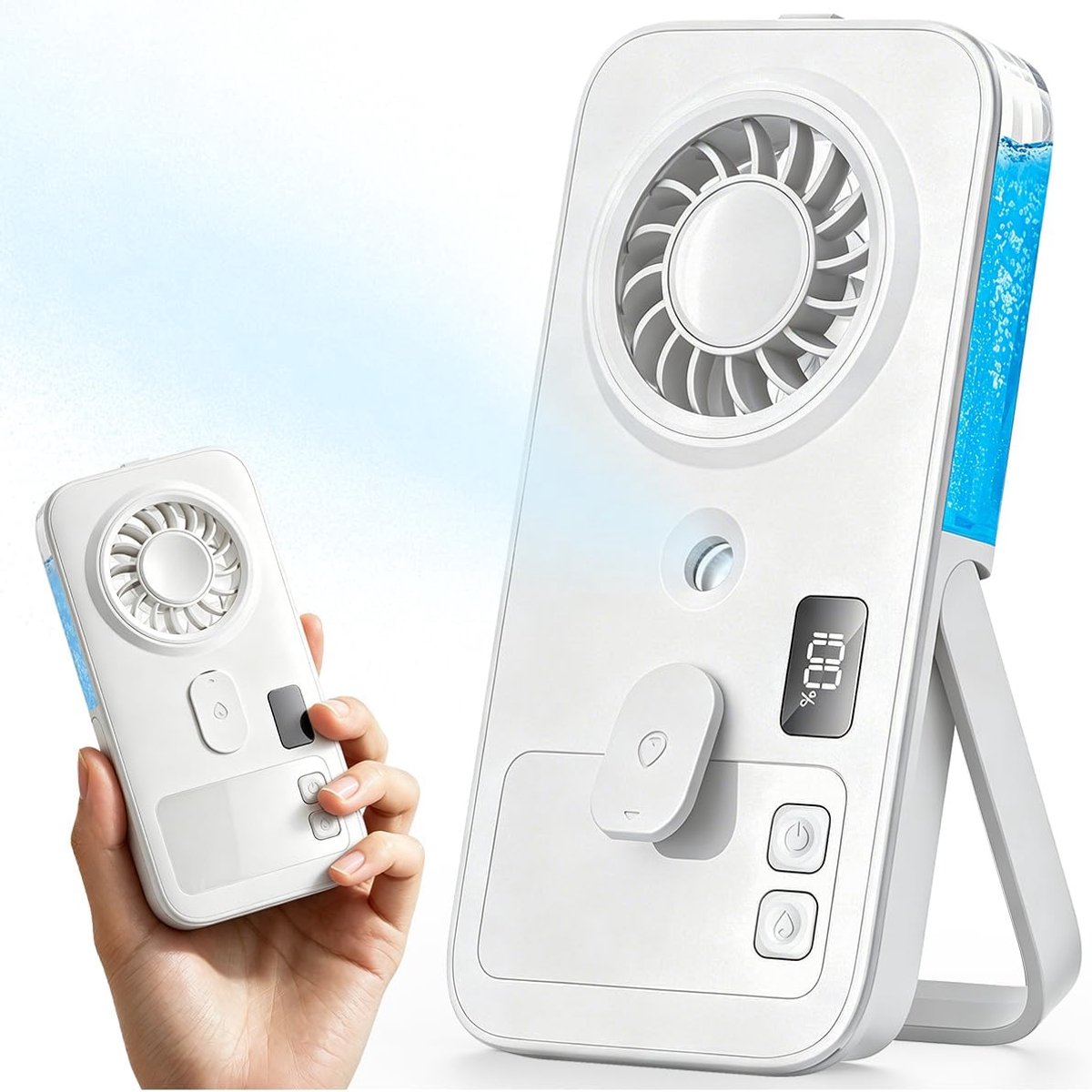 Ulisem - Mini sprayventilator - Opvouwbare handventilator met vernevelingsfunctie - 4 windsnelheden voor persoonlijke koeling - USB-C oplaadbaar met 2-7 uur batterijduur - LED display voor batterij en stand - Handheld en tafel gebruik - Wit