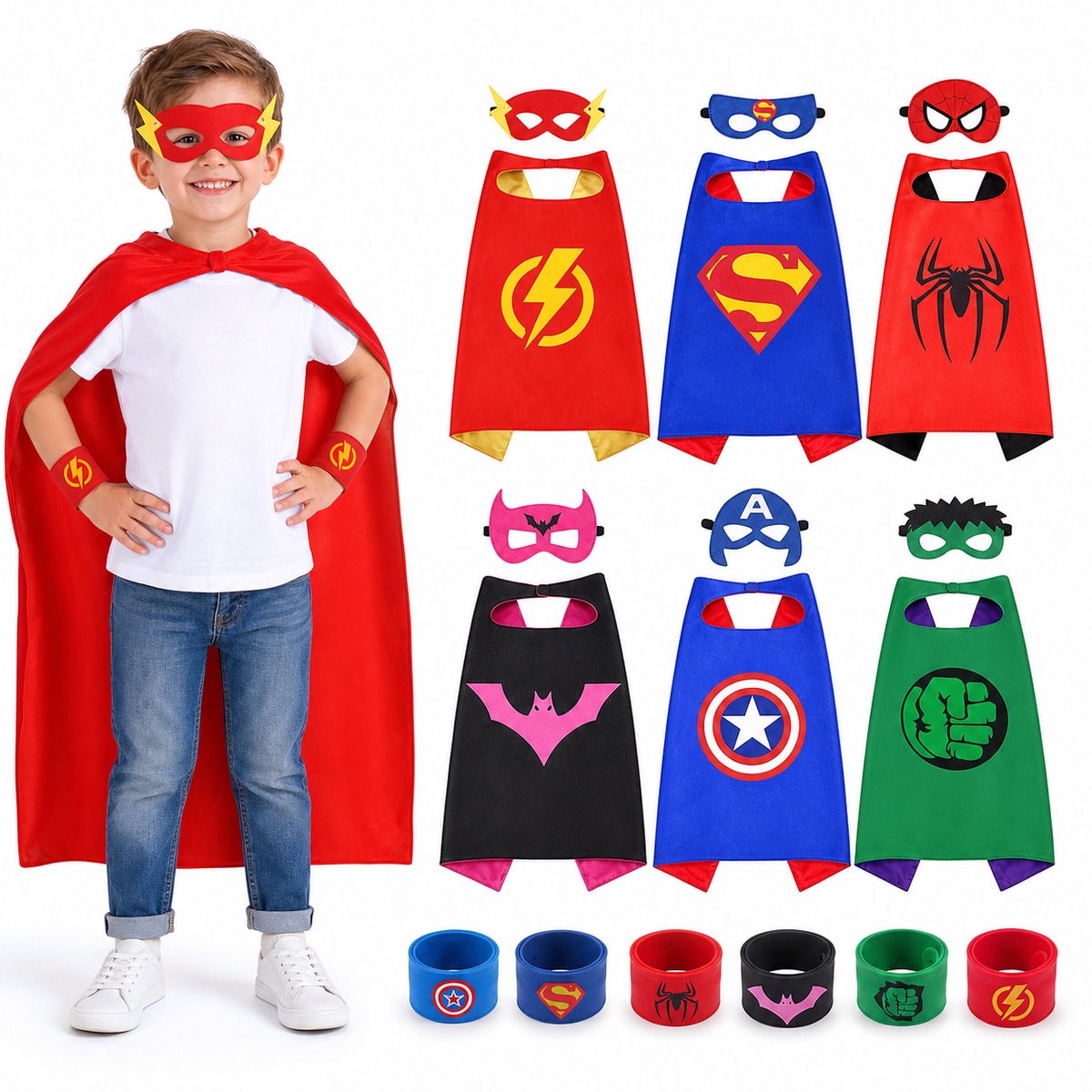 Geweo Kinder Halloween Kostuum-6-delige Superhelden Cape & Masker Set-Leveren Heldenarmband- Cartoon Kostuum Accessoires voor Kinderen - Verkleedspel voor Jongens & Meisjes - Verjaardagsfeest Cadeaus