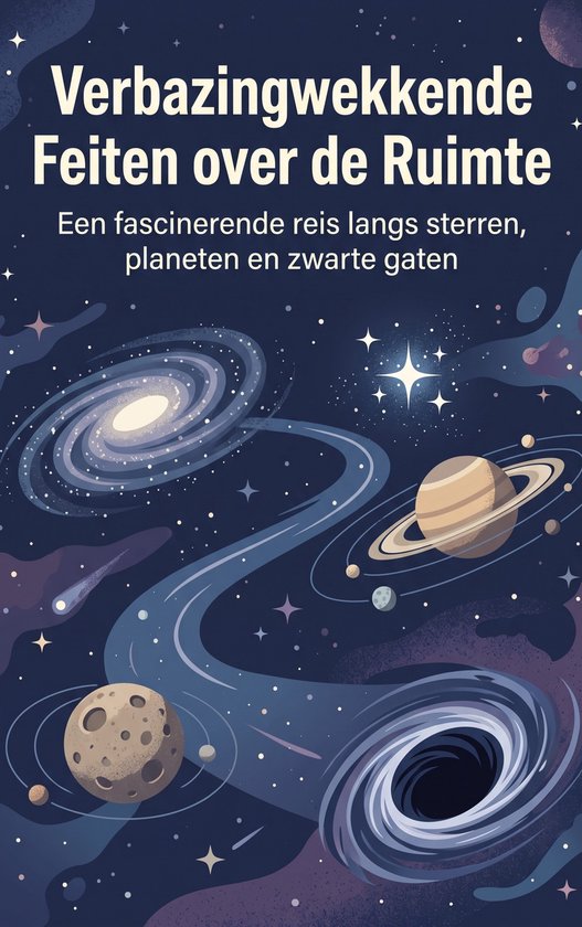Boekcover met de titel 'Verbazingwekkende Feiten over de Ruimte'. Zwarte ruimte met sterren, planeten, sterrenstelsels en een zwart gat.