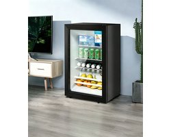 Zwarte vrijstaande minikoelkast met een glazen deur van één laag Het krachtige koelsysteem houdt bier cocktails frisdranken en sap langdurig op een comfortabele temperatuur Geschikt voor dagelijks gebruik thuis en op kantoor
