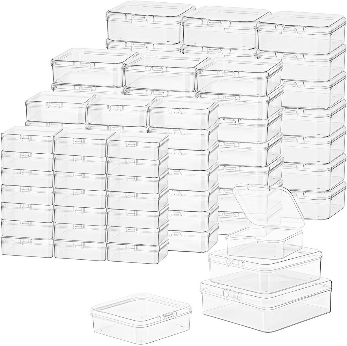 96 Stuks Vierkante Lege Mini Heldere Plastic Opbergdozen met Scharnierende Deksel voor Kleine Voorwerpen en Creatieve Projecten - Diverse Maten en Handig Organiseren