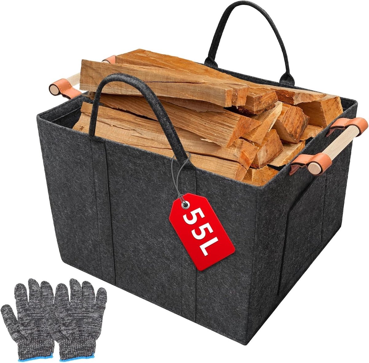 Vouwbare Houten Mand voor Haardhout - Vierkante 55 L (42 x 40 x 30 cm) met Houten Handvat en Extra Dikke Vilt voor Hout en Boodschappen