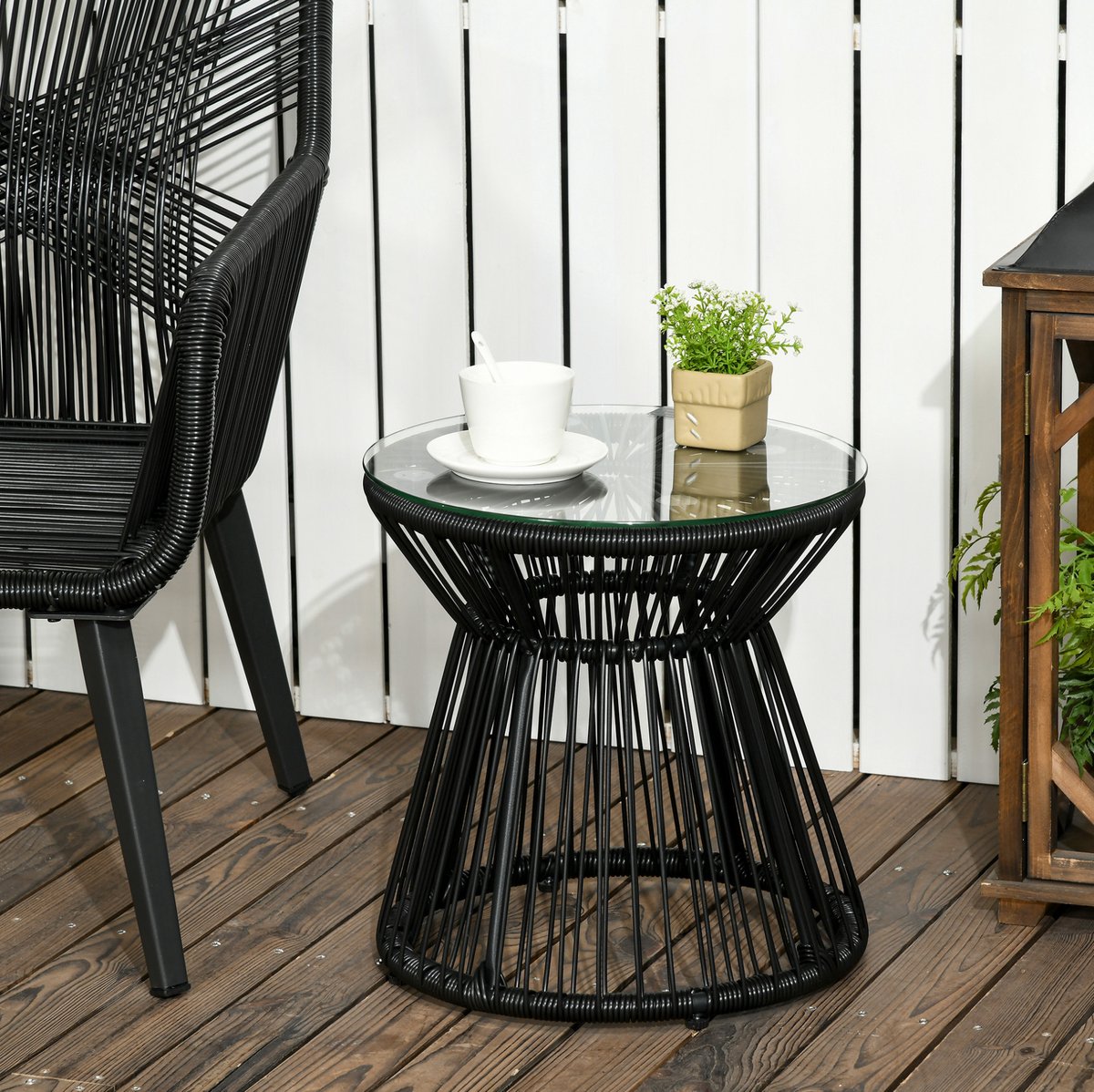 FloraGrace Tuintafel - Ronde Bijzettafel Met Gehard Glazen Blad - Voor Tuin En Balkon - PE-Rattan En Metaal - 40x40x42 Cm - Zwart