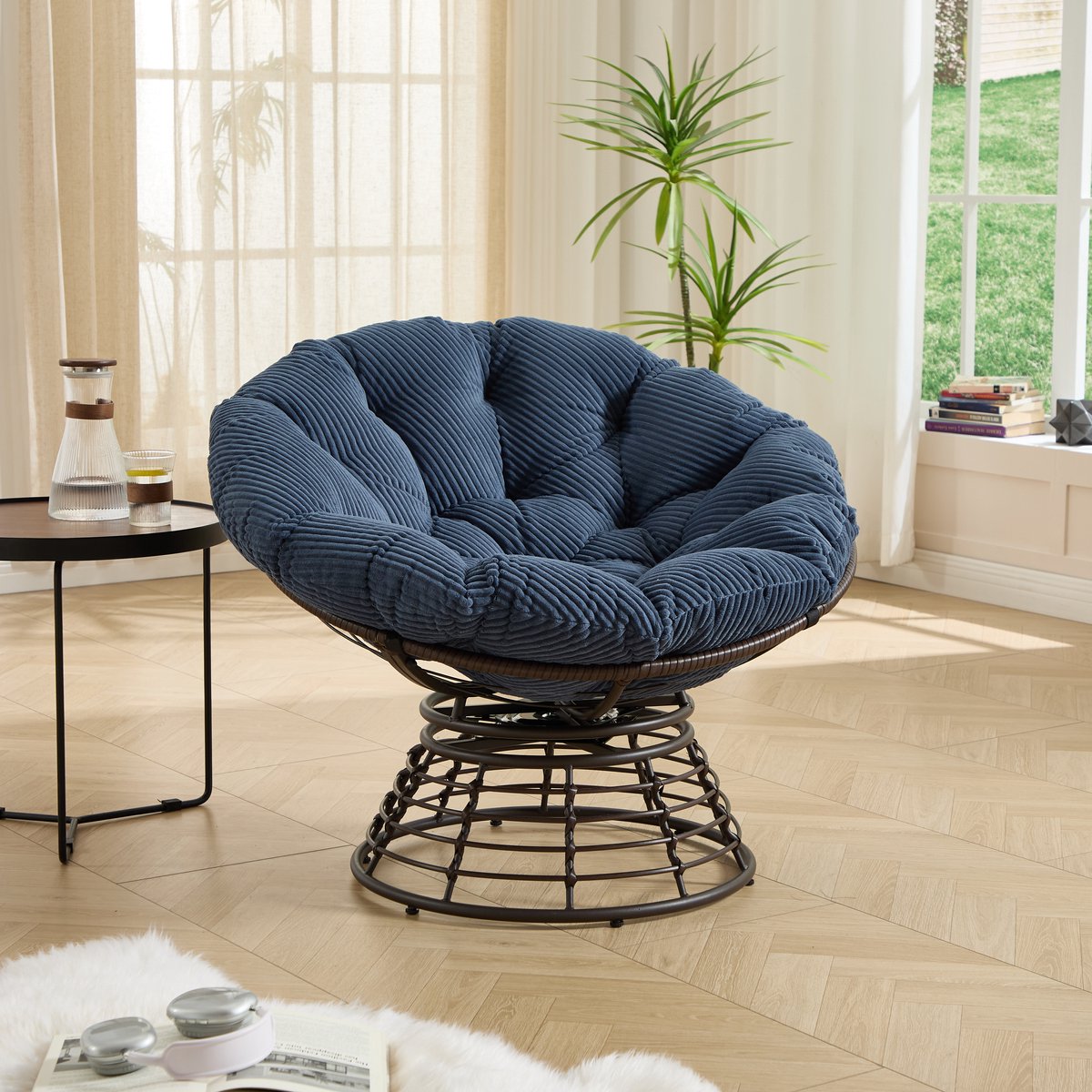 HAUSS SPOLE Fauteuil Papasan - 360 Graden Draaibaar Met Dik Kussen - Voor Woonkamer, Slaapkamer En Buiten - Rotan Metaal Marineblauw