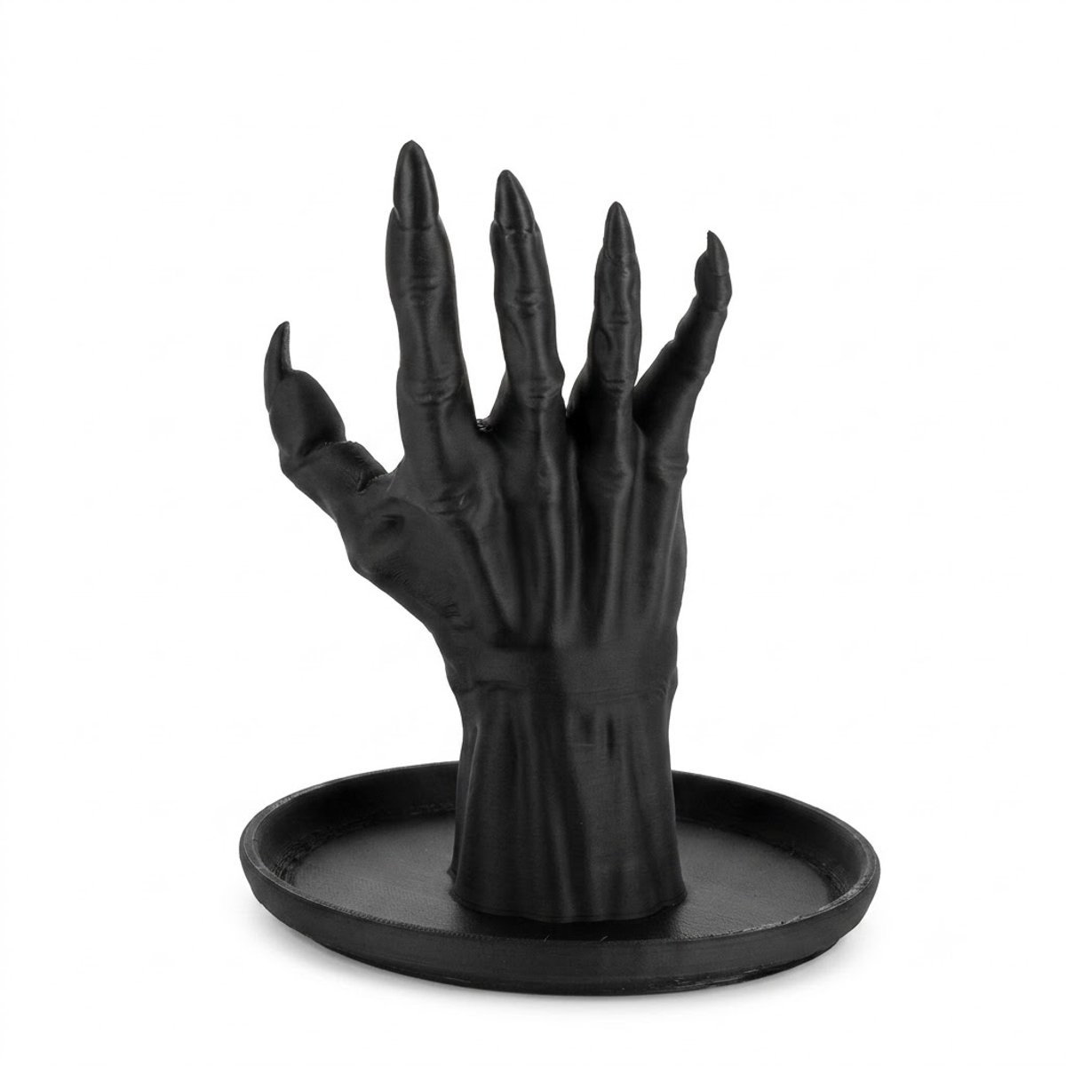 Zwarte sieraden organizer handvorm display standaard dames en heren – gotische sieraden houder voor ringen oorbellen kettingen en armbanden – decoratieve sieraden organizer met opvangschaal