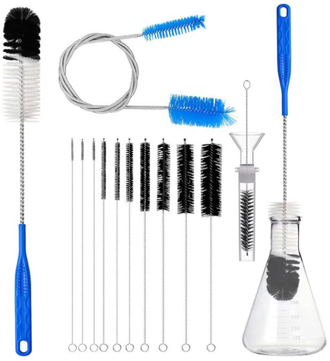 Set van 12 stuks reinigingsborstels voor glazen buizen - flexibele roestvrijstalen schoonmaakborstel set - flesbuis slang reiniger voor laboratorium flesjes glazen vaatwerk