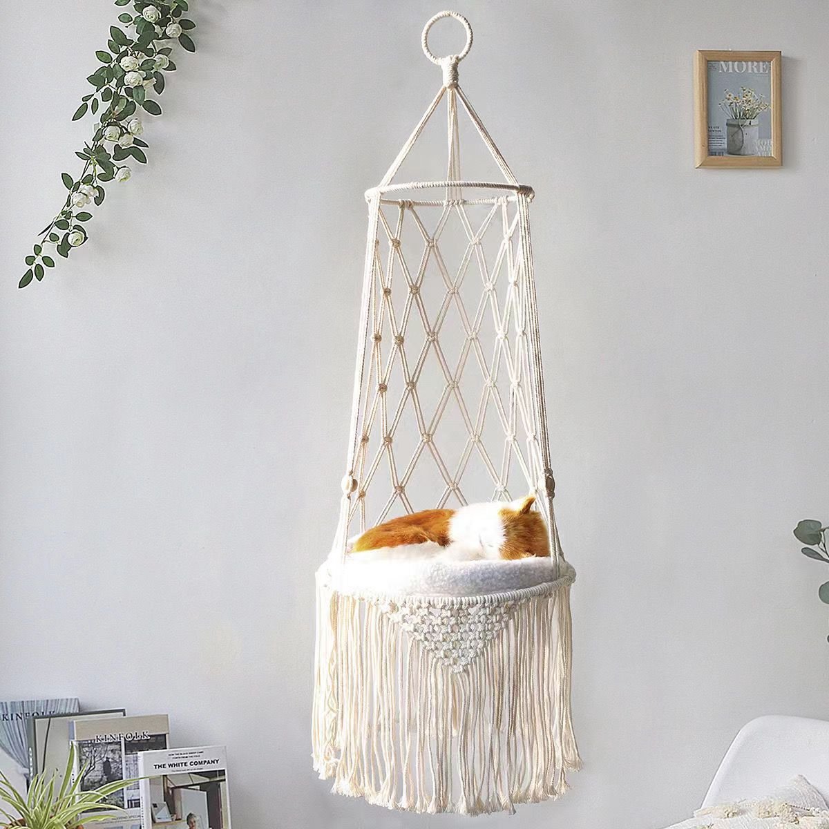 Macramé Kattenhangmat - Met Kussen - Binnen Diameter 40 cm - Crème Wit -Boho Stijl Kattenmand - Hangend - Met Zachte Kussen - Geschikt voor Binnen