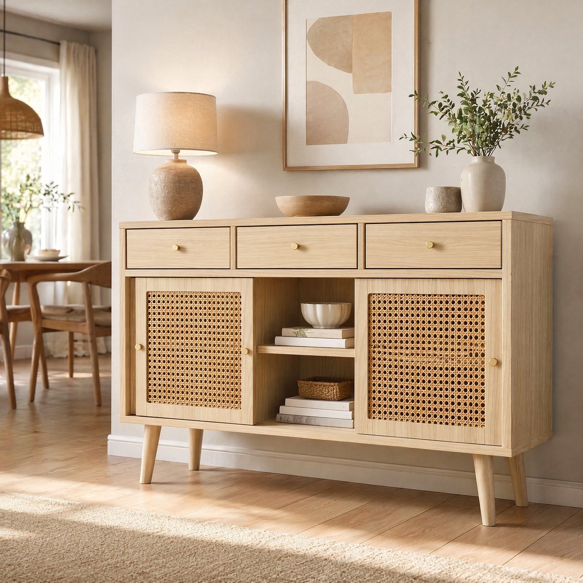 MODFU - Dressoir - 3 Lades - Schuifdeur - Verstelbare Planken - Oak - MDF - Rotan