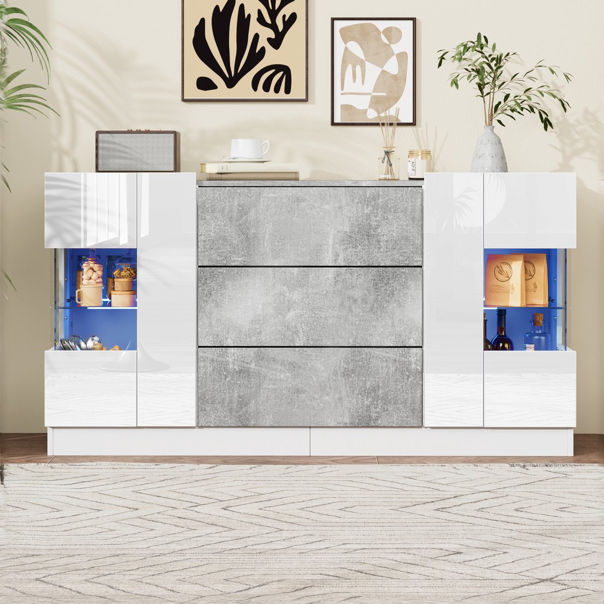 MODFU - Dressoir - 2 Deuren - 3 Lades - LED-Verlichting - Wit Hoogglans - Grijze Marmerlook