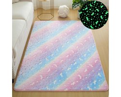Kinder vloerkleed - Glow in dark - Kamer decoratie - Regenboog Pegasus design - 60 x 120 cm - Multicolor