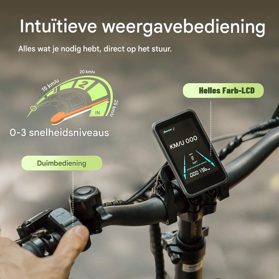 Close-up van een Fafrees e-bike stuur met LCD-scherm, snelheidsmeter en duimbediening.