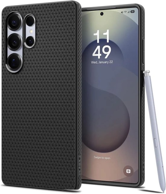 Zwarte Spigen Liquid Air hoes met een driehoekig patroon, naast een Samsung Galaxy S25 Ultra met S Pen.
