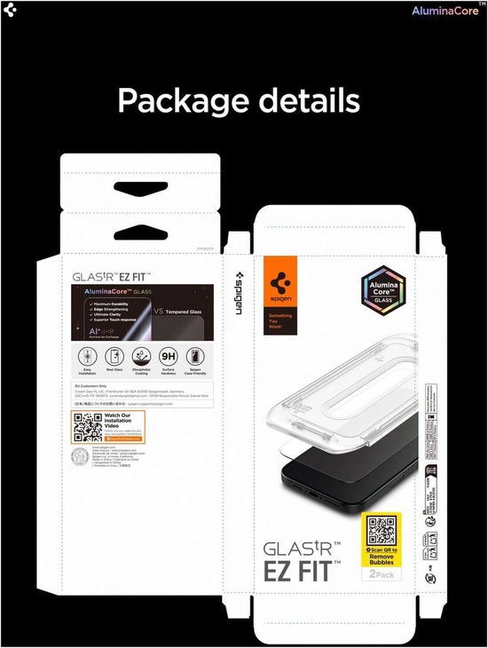 Verpakking met Spigen Glas.TR EZ Fit AluminaCore beschermglas voor iPhone.