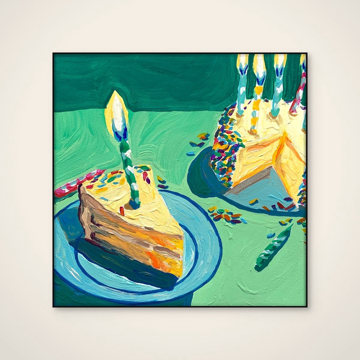 Akoestisch schilderij - 80 x 80 cm - Festive Cake Slices van Pauline Wegman | Key and Sea Creative - Abstracte wanddecoratie - zwart textielframe
