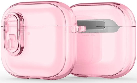 Twee gesloten roze transparante hoesjes voor oortjes, één met de voorkant zichtbaar, de ander met de achterkant.