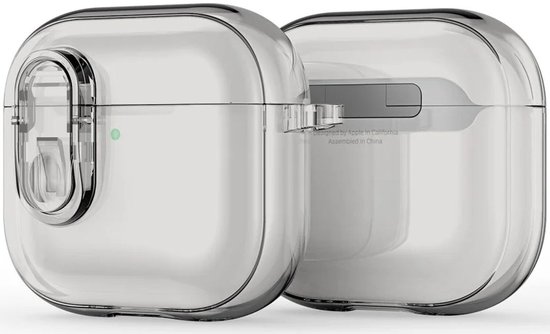 Twee gesloten transparante cases voor AirPods, met 'Designed by Apple in California' tekst.