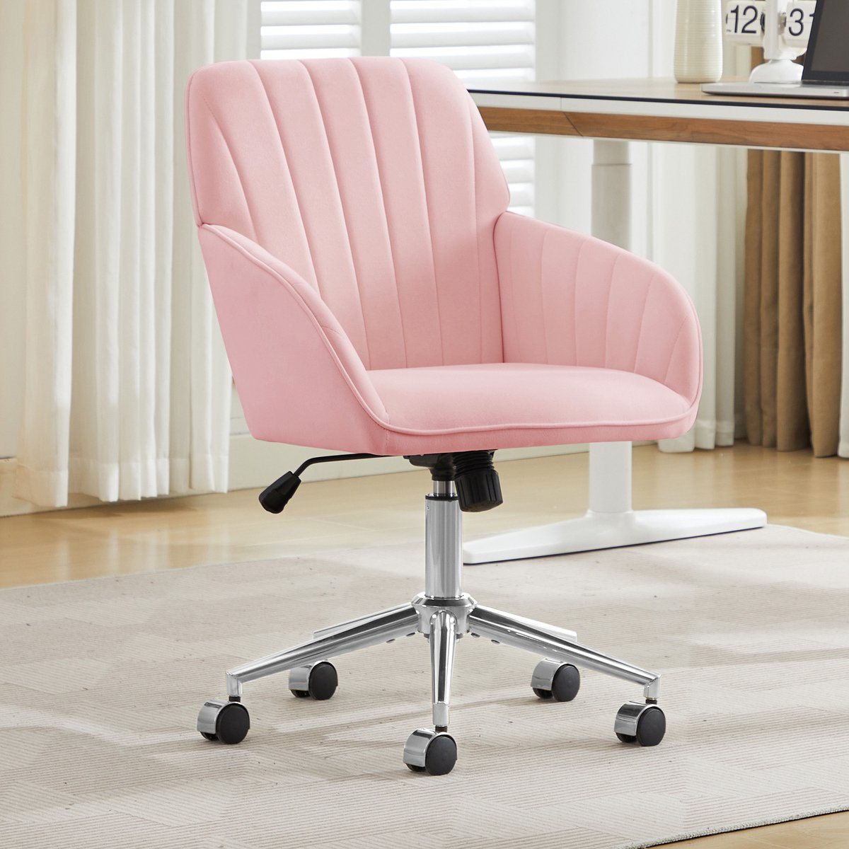 MODENUIT Bureaustoel 58x96,5 cm - Hoogteverstelbaar Draaibaar - Voor Bureau En Slaapkamer - Fluweel Roze