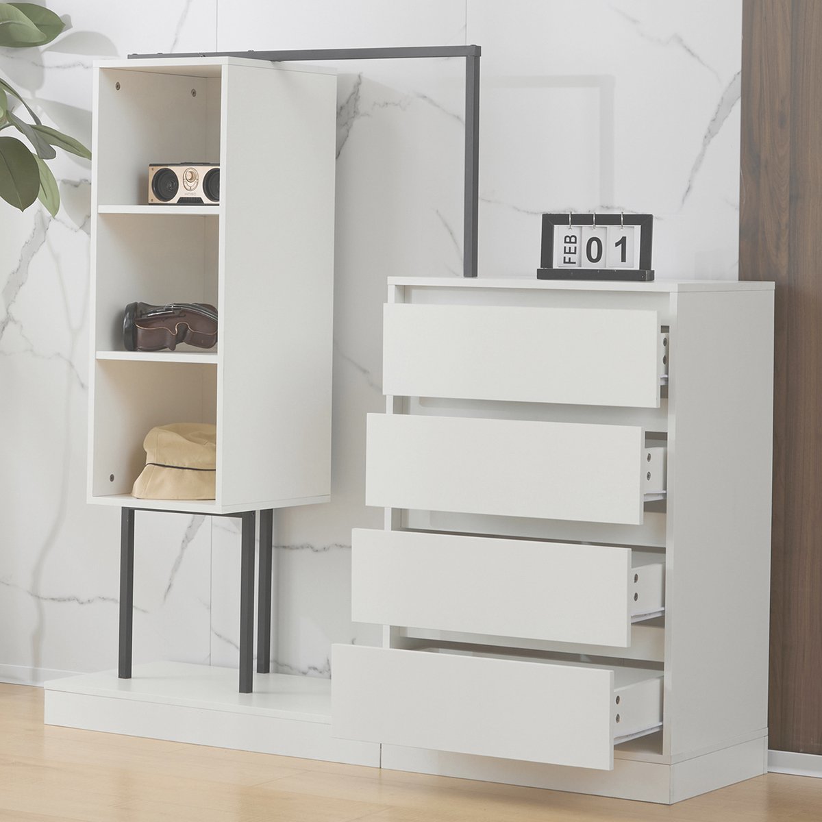MODFU - Kledingkast - 4 Lades En Kledingroede - Minimalistisch - Wit En Zwart