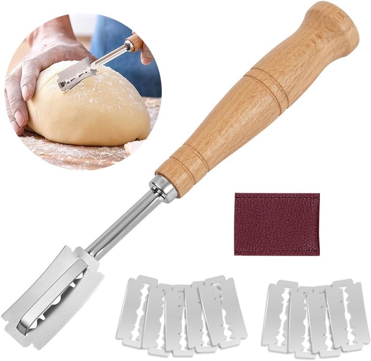 Bakker's Mes Set met 12 Stukken, Inclusief 10 Scheermesjes en Leren Beschermhoes voor Perfect Baguette en Brood Bakken Thuis