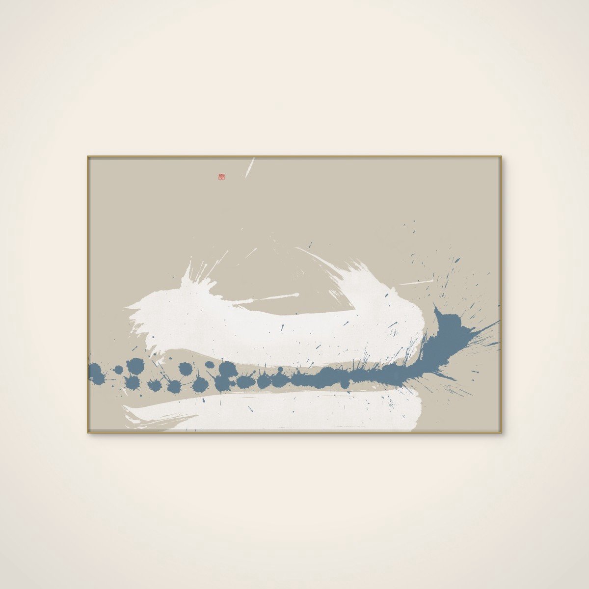 Akoestisch schilderij - 90 x 60 cm - Blue White Abstract Strokes van Thoth Adan - Abstracte wanddecoratie - goud textielframe