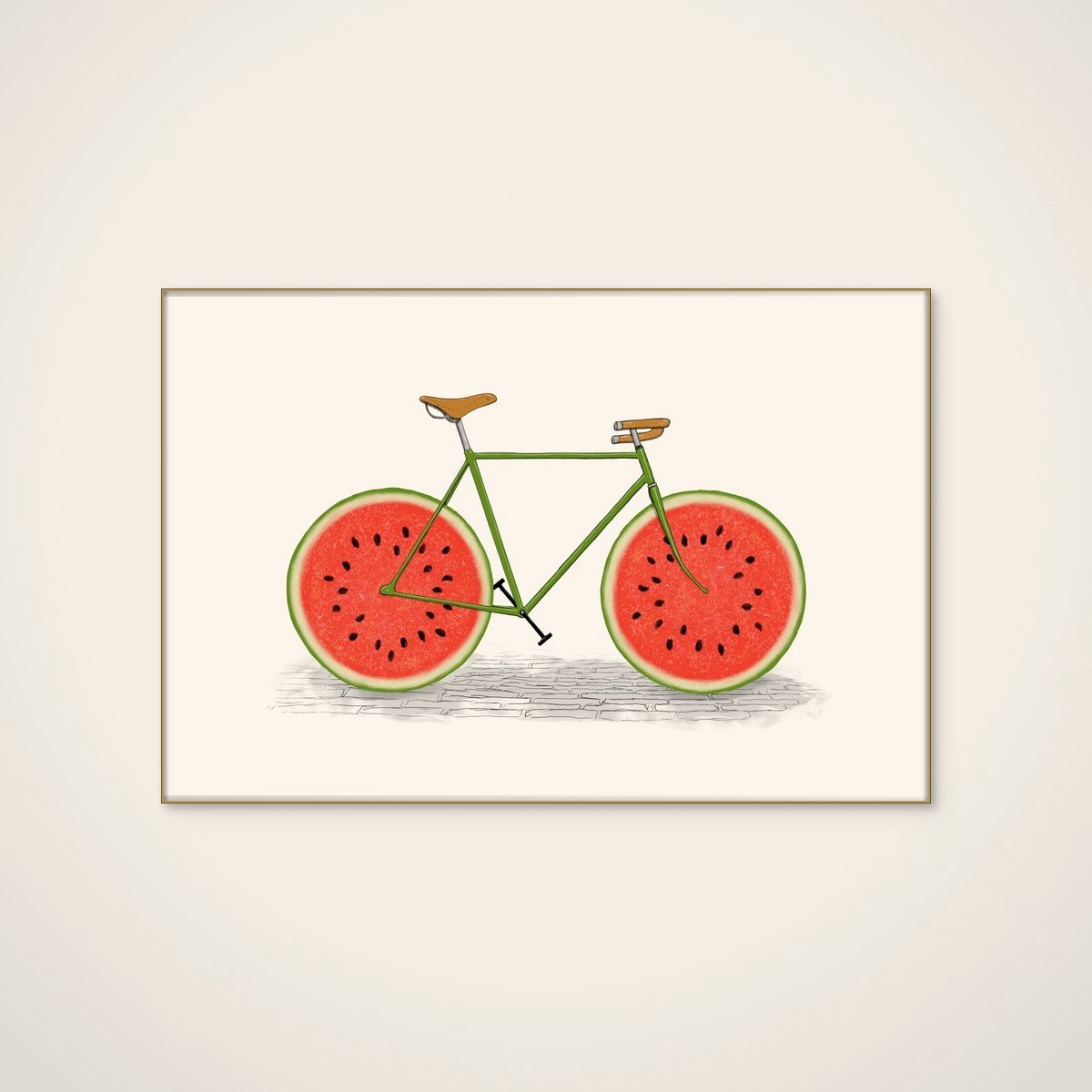 Akoestisch schilderij - 90 x 60 cm - Watermelon Bicycle van Florent Bodart - Abstracte wanddecoratie - goud textielframe