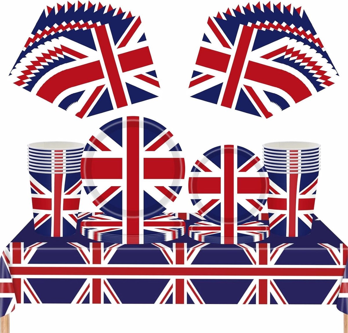 Compleet 69-delig Union Jack Feestservies Set voor VE Day en 80e Verjaardag, Britse Vlag Papieren Borden, Servetten, Bekers en Tafelkleed voor een Koninklijk Feest in Britse Stijl