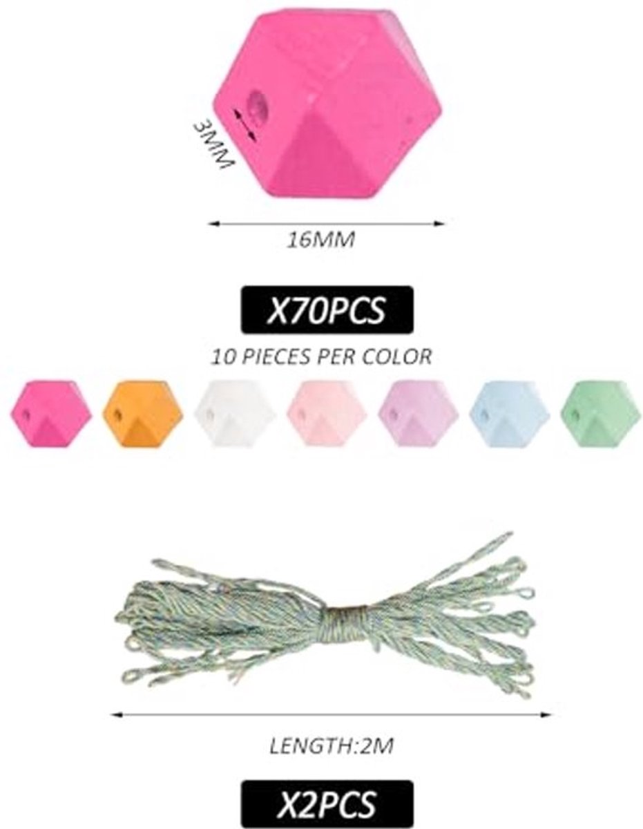 70 Stuks Octagonale Houten Kralen - Kleurige DIY Sieraden met 2m Katoen Touw
