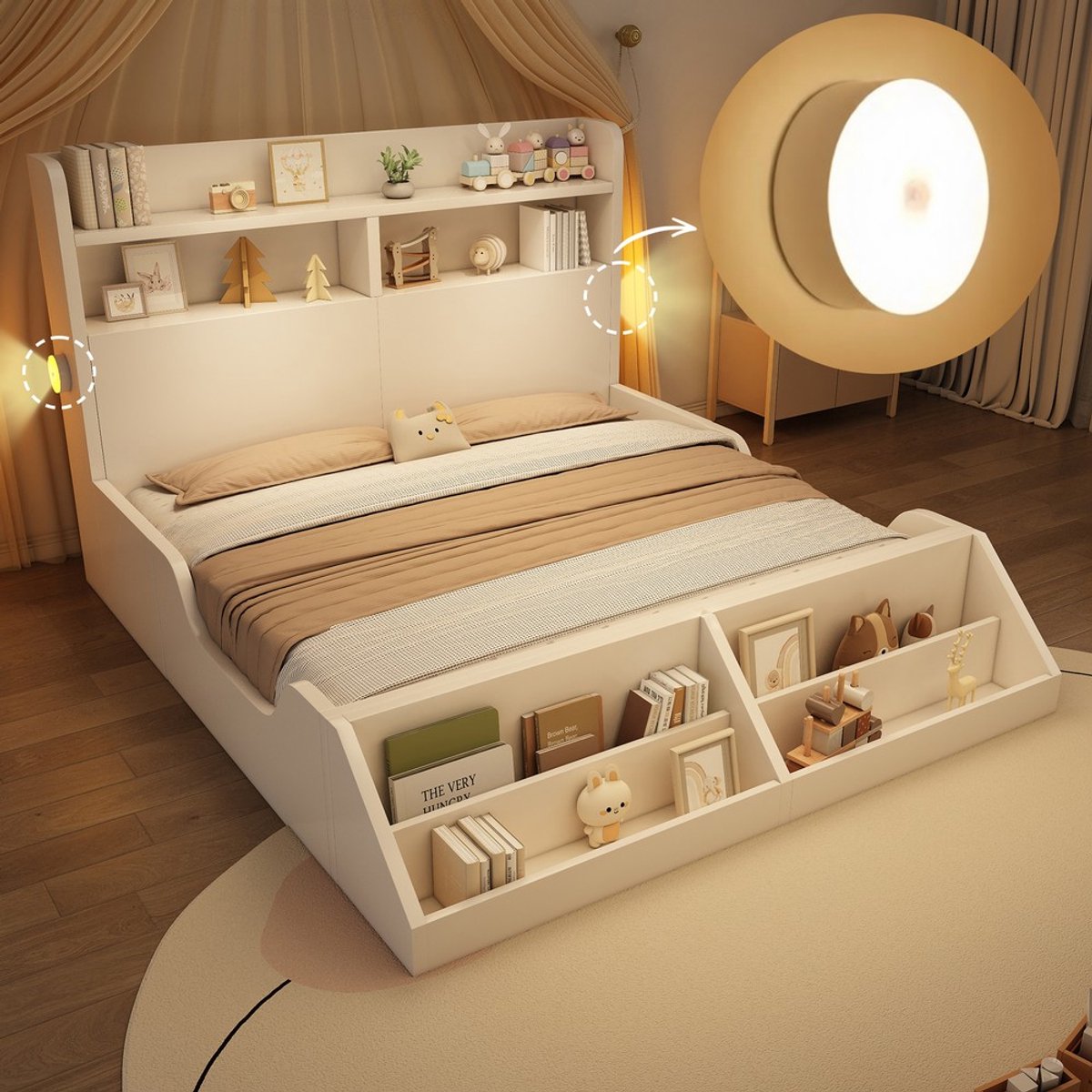 KOMHTOM - Houten Tweepersoonsbed - 140x200 cm - Met Opbergruimte - Nachtlampjes - Afneembare Boekenplank - Lattenbodem - Zuiver Wit