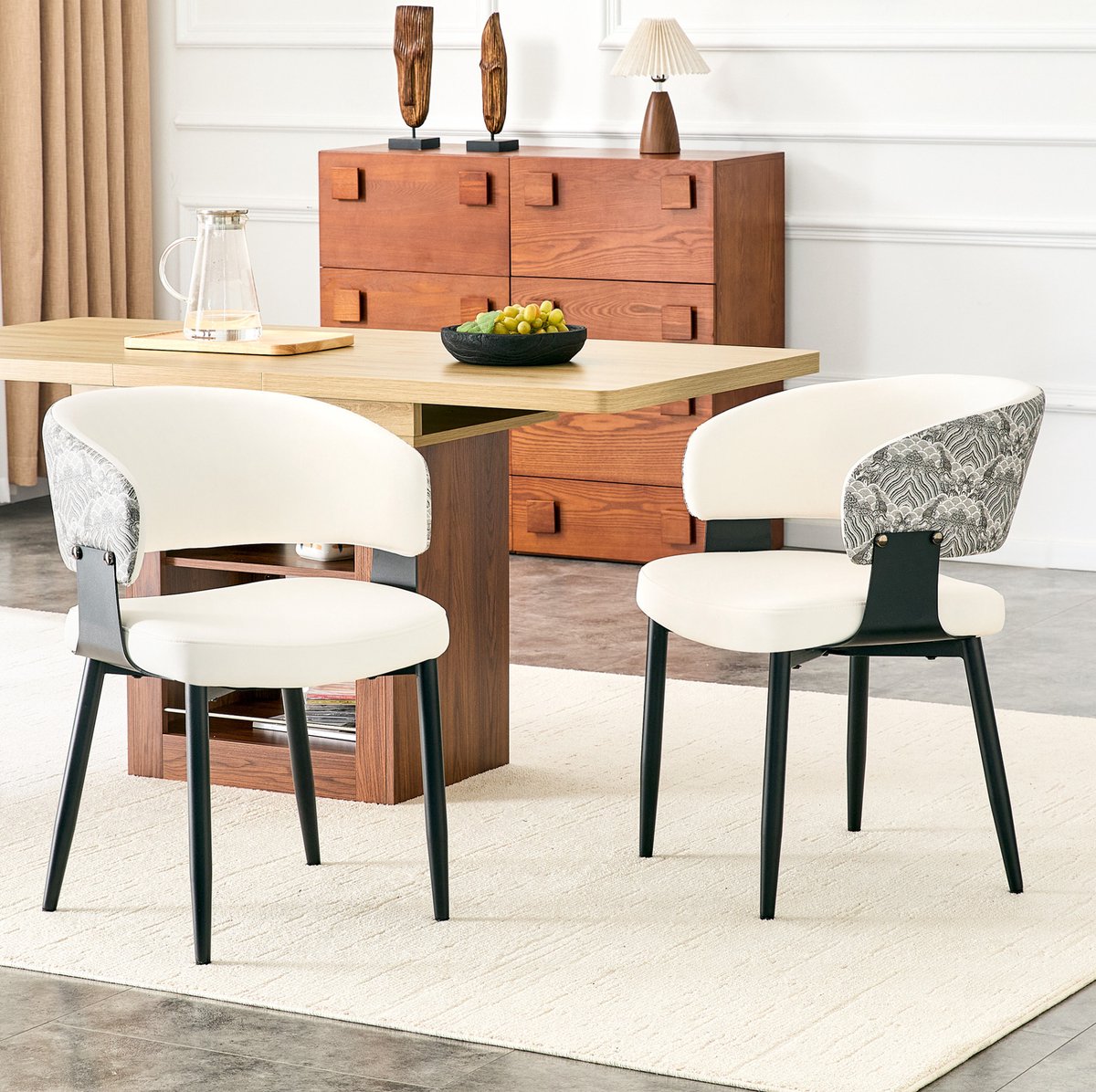 FloraGrace Eetkamerstoel Set Van 2 – Kuipstoel Met Armleuning – Retro Stijl Voor Eetkamer En Café – Kunstleer En Metaal – Wit Zwart