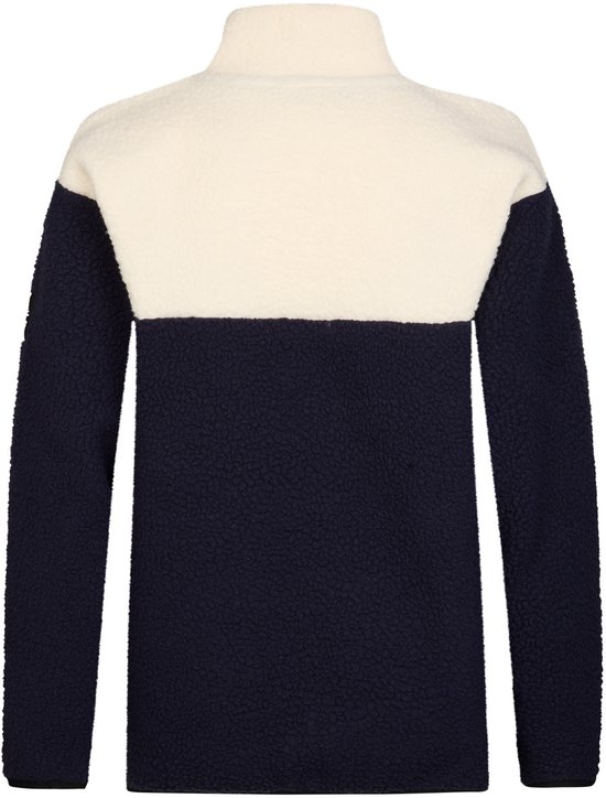 Achterkant van het tweekleurige donkerblauwe en off-white teddyjack met opstaande kraag.