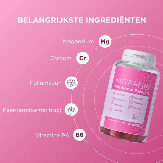 NUTRAFINE Hormonale Balans fles met gummies, met infographics van de belangrijkste ingrediënten: magnesium, chroom, foliumzuur, paardenbloemextract, vitamine B6.