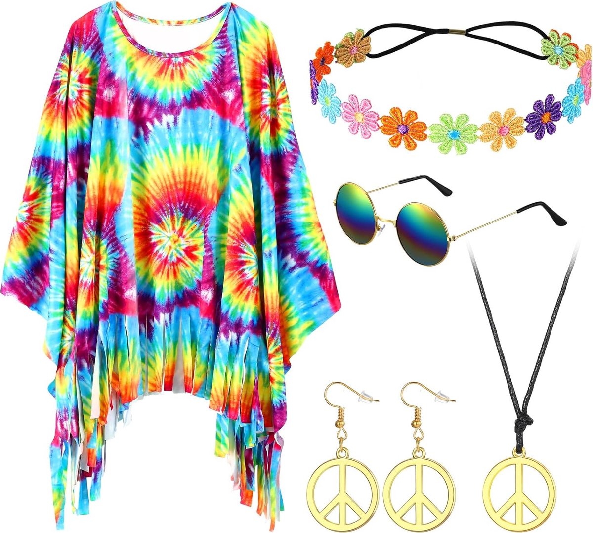 5-delige Hippie Kostuum Set voor Dames met Tie Dye Poncho, Bloemen Haarband, Retro Zonnebril en Vredesteken Sieraden voor Feestjes en Festivals