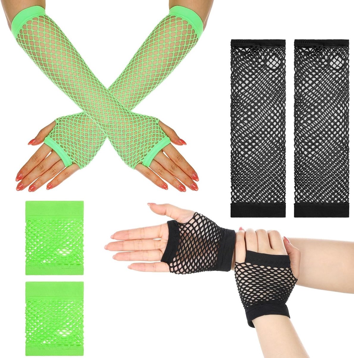 Vingerloze net handschoenen voor disco, cosplay en masquerade - 4 paar lange en korte modeaccessoires van rekbaar gaas