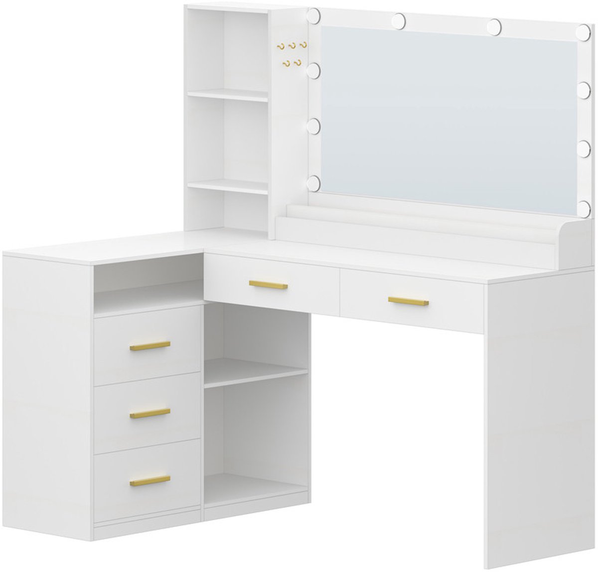 Hzuaneri L-vormige kaptafel, 40 x 120 x 139 cm, wit Kaptafel met grote led-spiegel, instelbare helderheid, 5 lades en open schappen