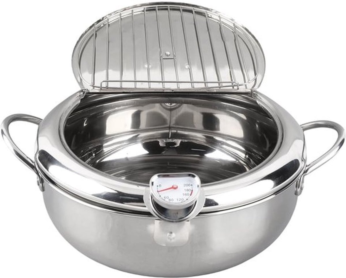 Japanse stijl roestvrijstalen diepe friteuse met thermometer, 2.2L / 3.2L capaciteit, koude handgreep, olie-niveau herinnering, verwijderbaar rooster, om