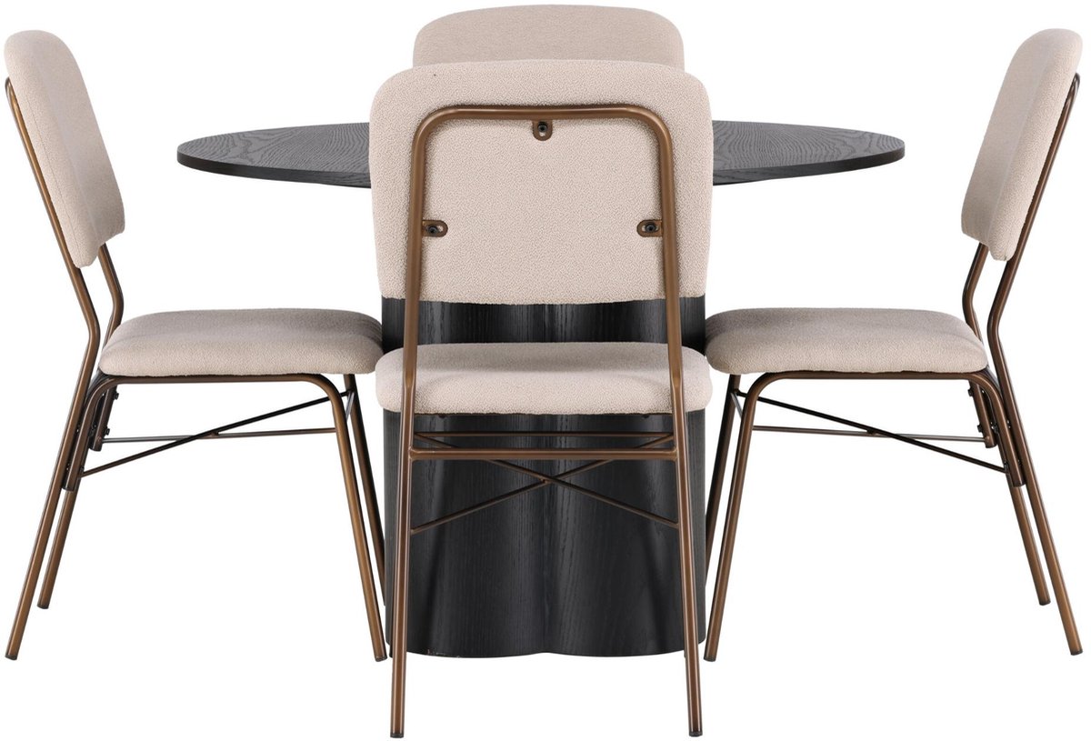 Olivia eethoek eettafel zwart 4 stoelen beige.
