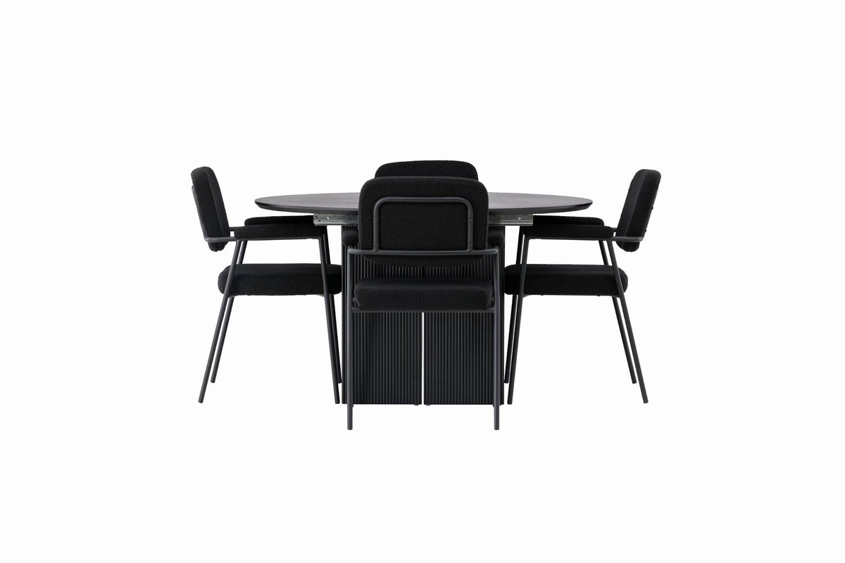 Yesterday eethoek eettafel met uitschuifbare functie zwart 4 stoelen bouclé zwart.