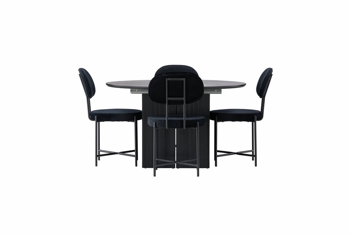 Matilda eethoek eettafel met uitschuifbare functie zwart 4 stoelen velours zwart.